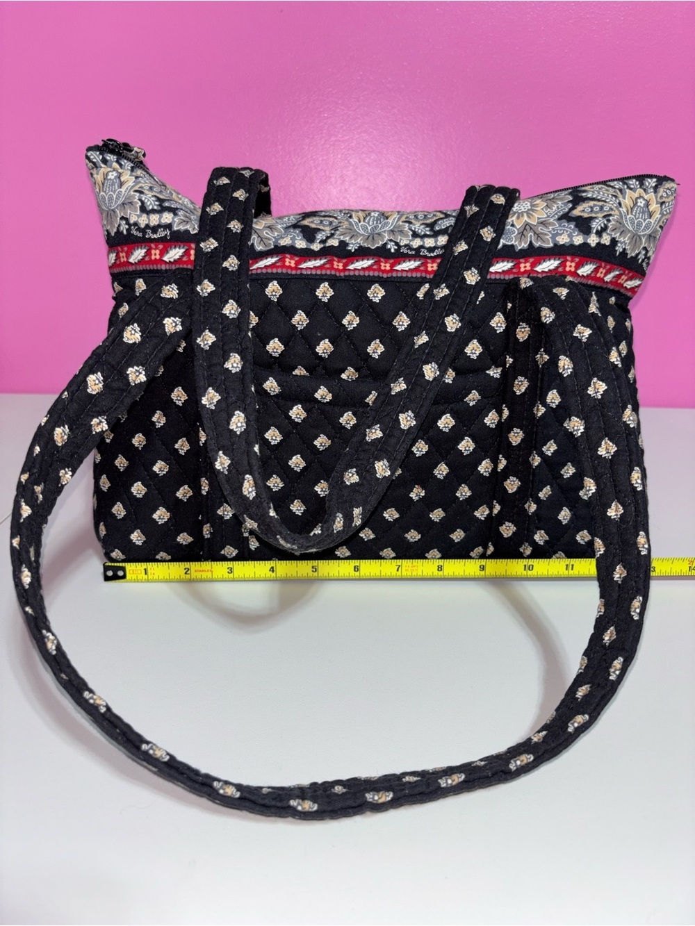 Vera Bradley Quilted Black Floral Tote Shoulder Bag Red Trim Large